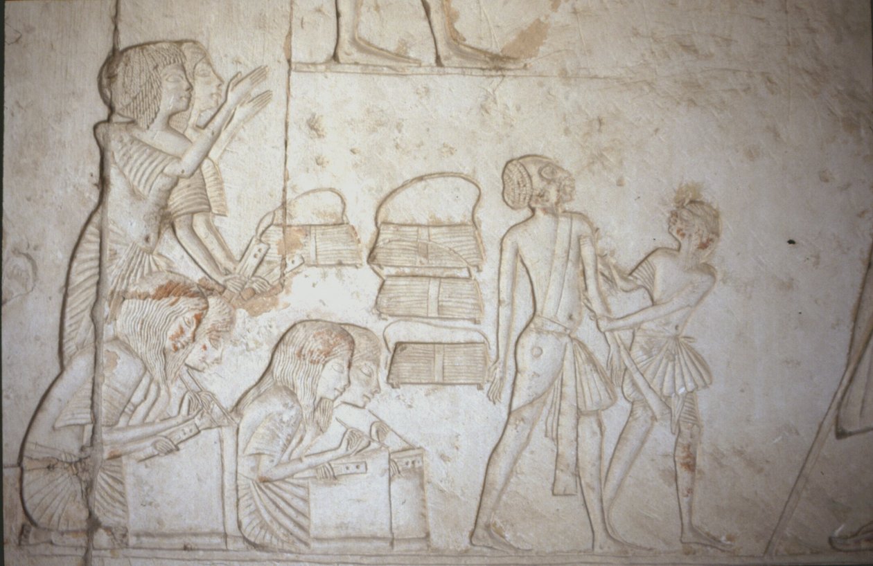 Relief depicting scribes at work, from the Tomb of Horemheb (c.1323-1295 BC) New Kingdom by Egyptian 18th Dynasty