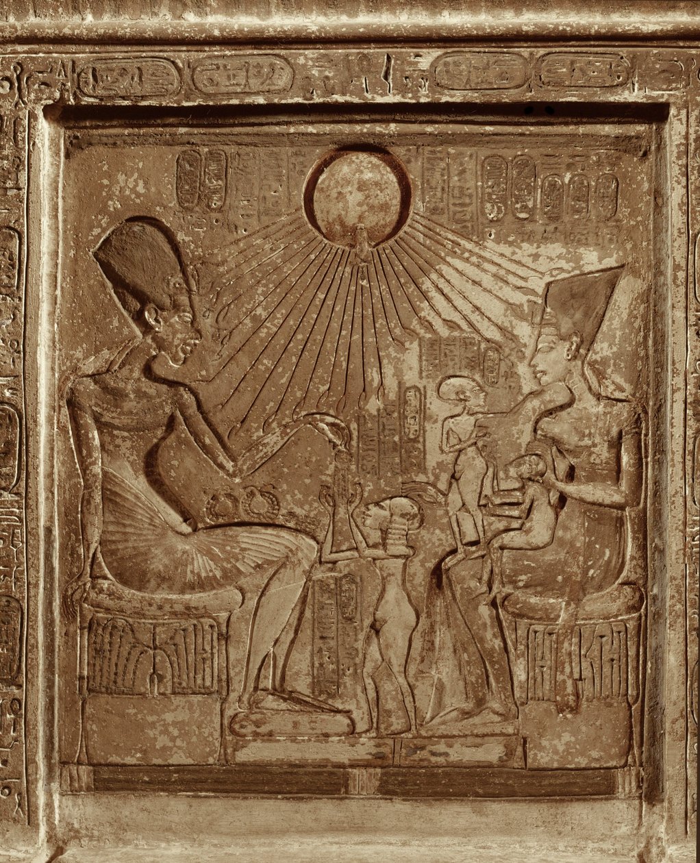 Royal family life: Pharaoh Amenophis IV Akhnaton, Queen Nefertiti, and 3 daughters praying to the sun by Egyptian 18th Dynasty