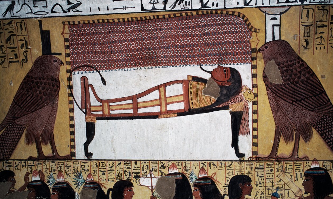 The deposition of deceased, wall painting, Tomb of Sennedjem, Valley of Kings, Luxor, Thebes by Egyptian 18th Dynasty