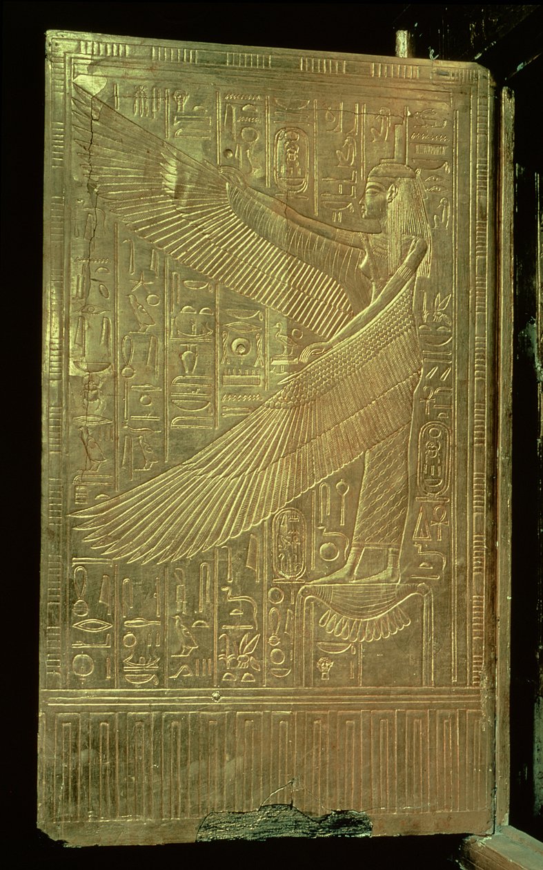 The goddess Isis from the inside of one of the double doors of the third gilded shrine, from the tomb of Tutankhamun by Egyptian 18th Dynasty