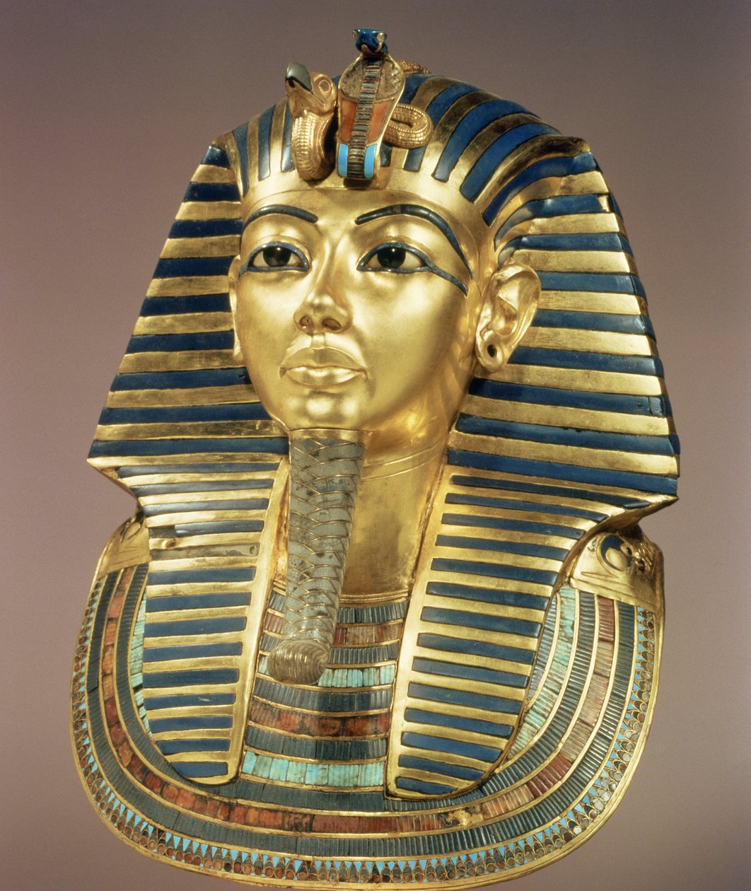 The gold funerary mask, from the tomb of Tutankhamun by Egyptian 18th Dynasty