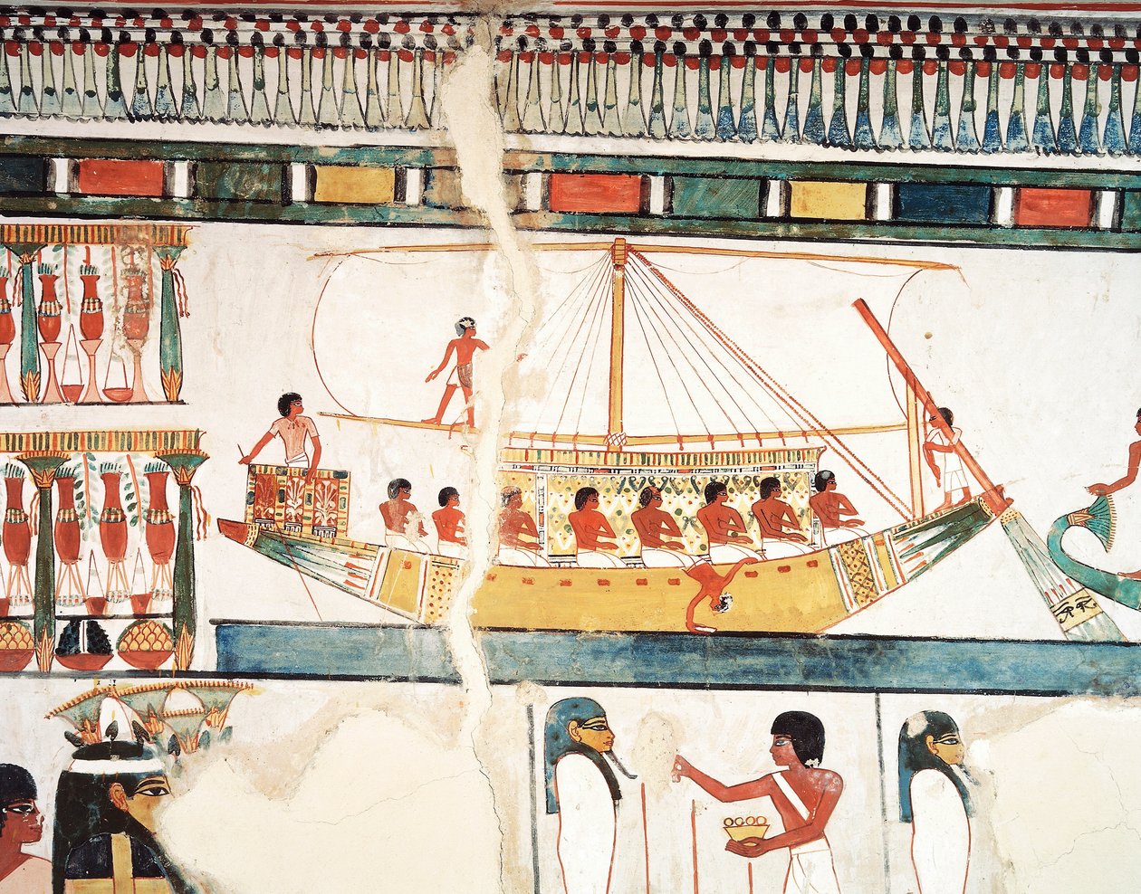The solar ship, (detail) of the pilgrimage to Abydos, fresco, north wall, long dining room, Theban Tomb TT69, Sheikh Abd el-Qurna, Thebes by Egyptian 18th Dynasty