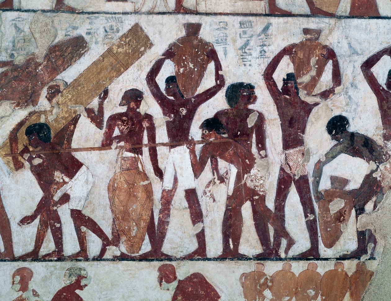 Transporting food to stock the warehouses of the Temple of Ammon, Tomb of Rekhmire, also known as Tomb TT100, Sheikh Abd el-Qurna, Theban Necropolis (Unesco World Heritage List) by Egyptian 18th Dynasty