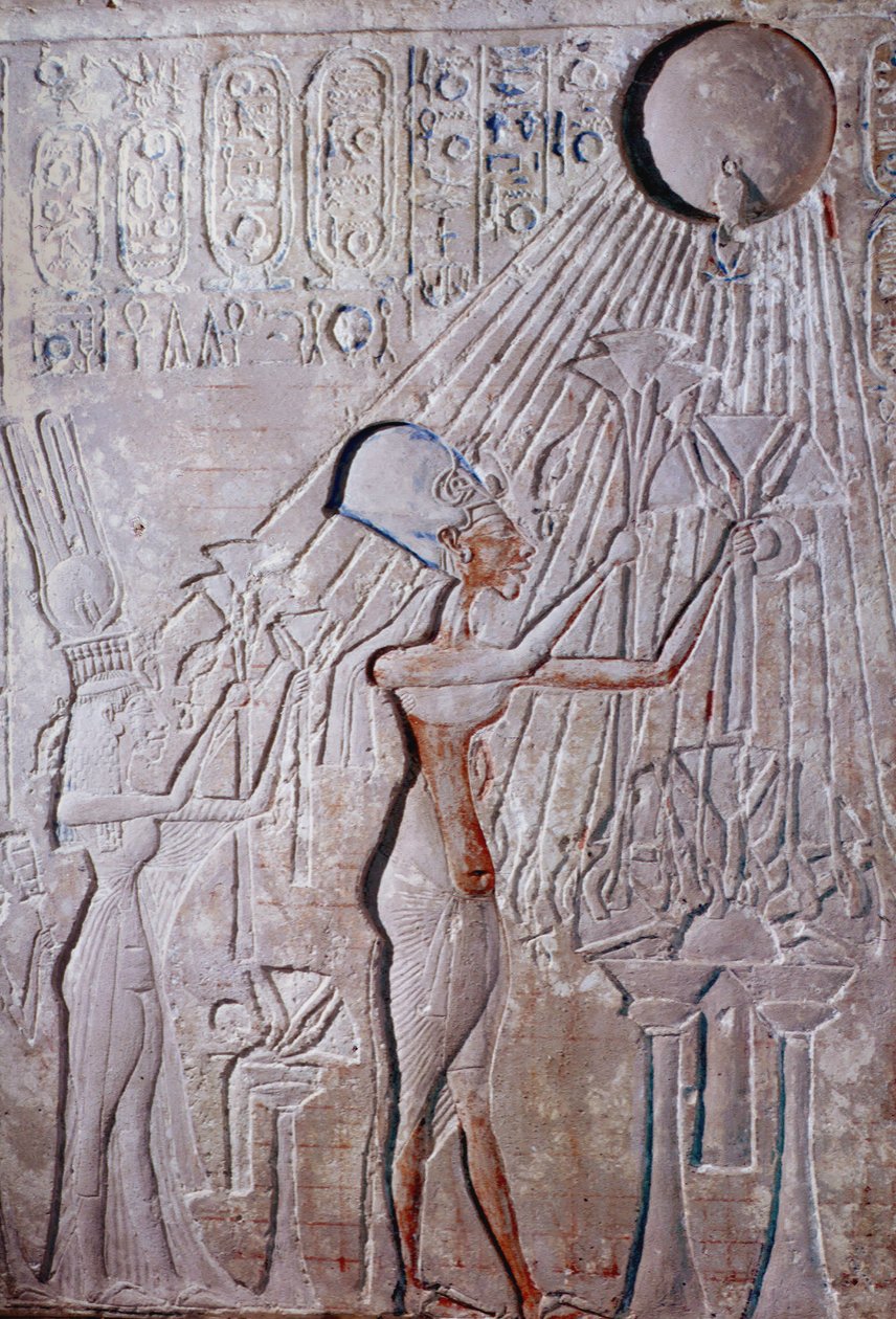 Low relief of King Ikhenaton and Queen Nefertiti adoring the god of the sun Aton by Egyptian 18th Dynasty