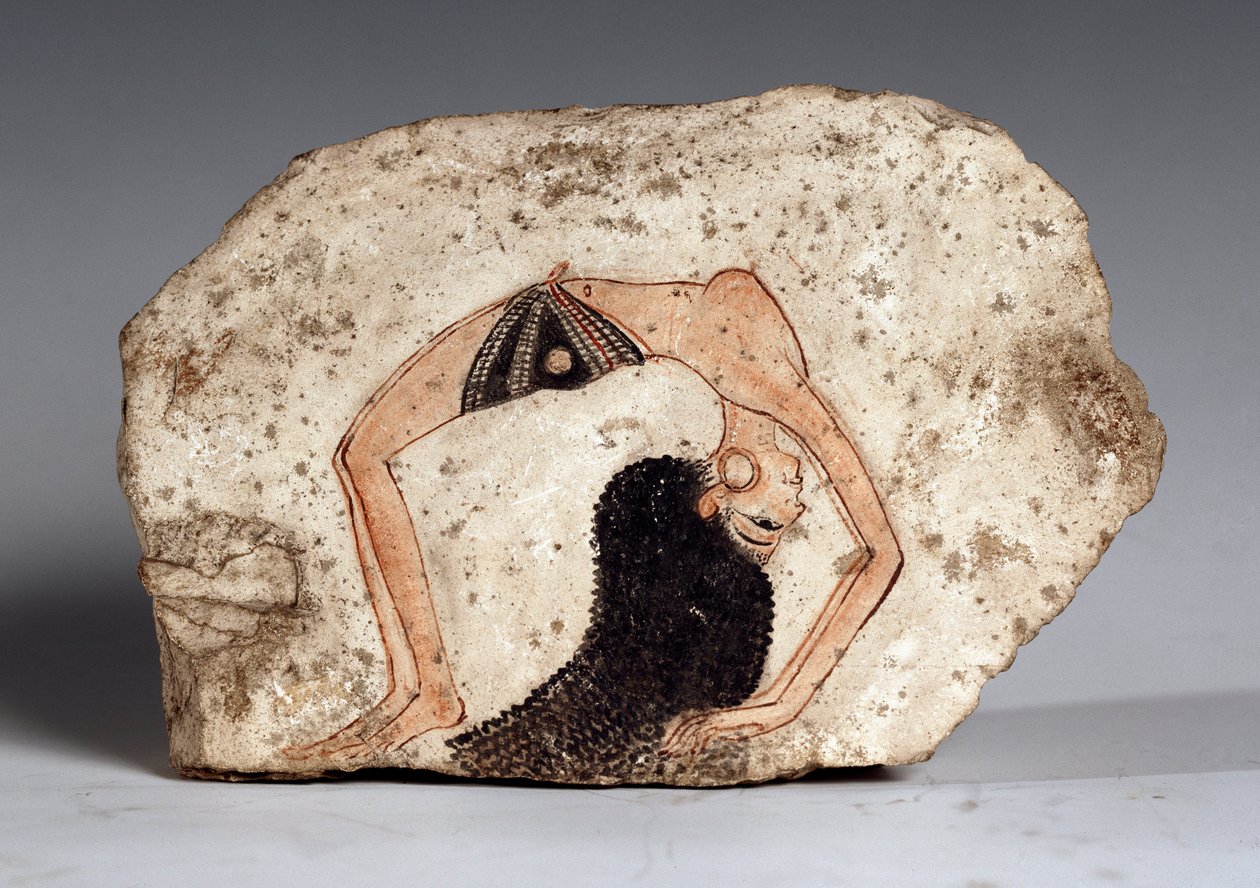 A woman acrobat dancer, Ostrakon. Limestone, circa 1295-1186 BC by Egyptian 19th Dynasty
