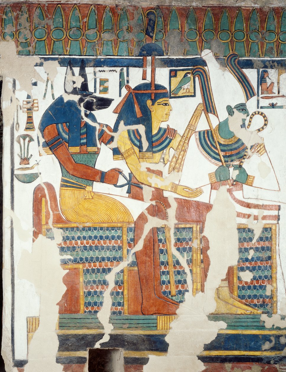 Anubis, Osiris and Nefertari, from the second chamber of the Tomb of Nefertari (detail) by Egyptian 19th Dynasty