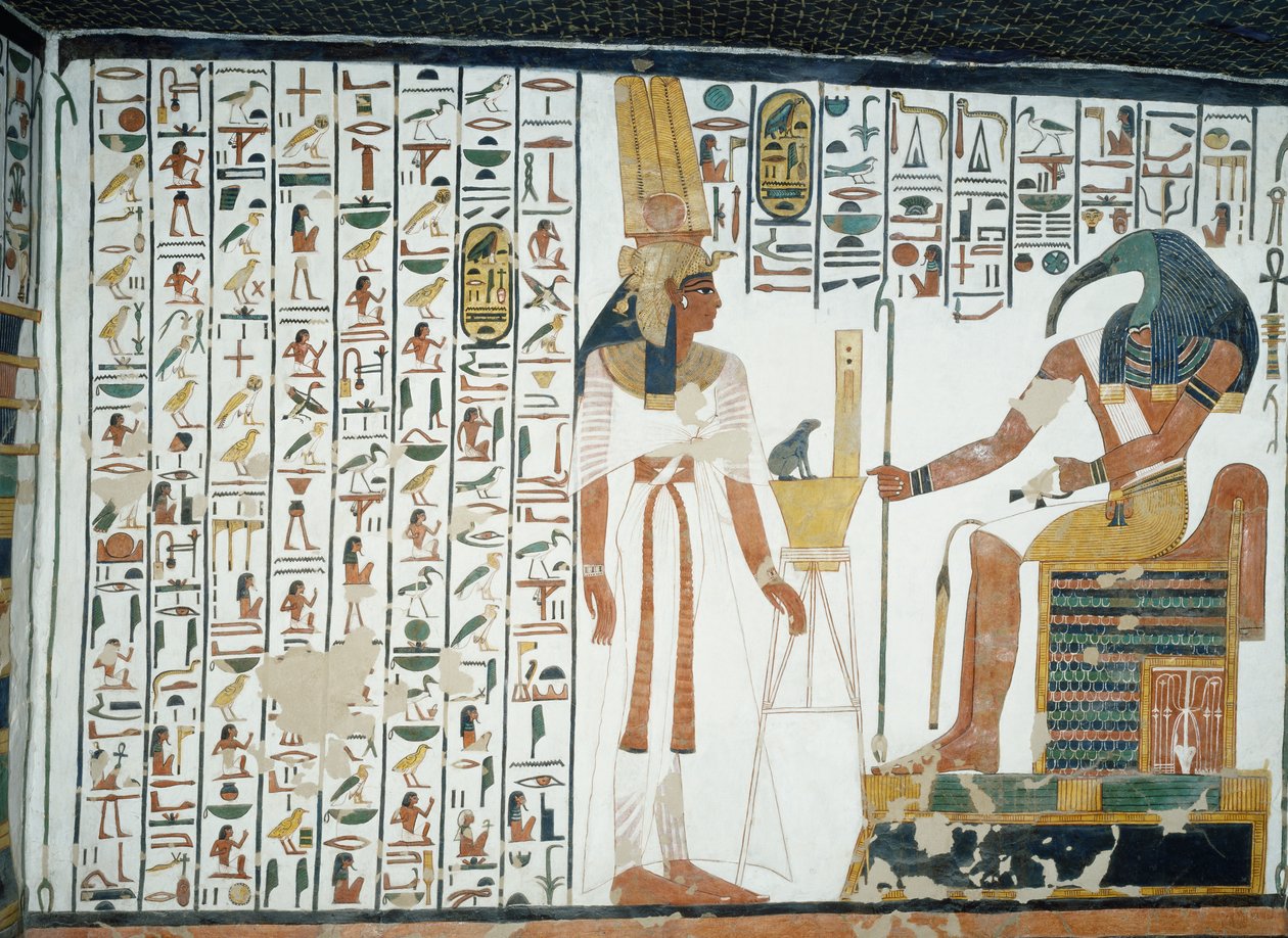 Chapter 94 of the Book of the Dead, Nefertari standing in front of the god Thoth, the ibis-headed scribe, fresco, north wall, east side chamber, Tomb of Nefertari, Valley of the Queens, Thebes by Egyptian 19th Dynasty