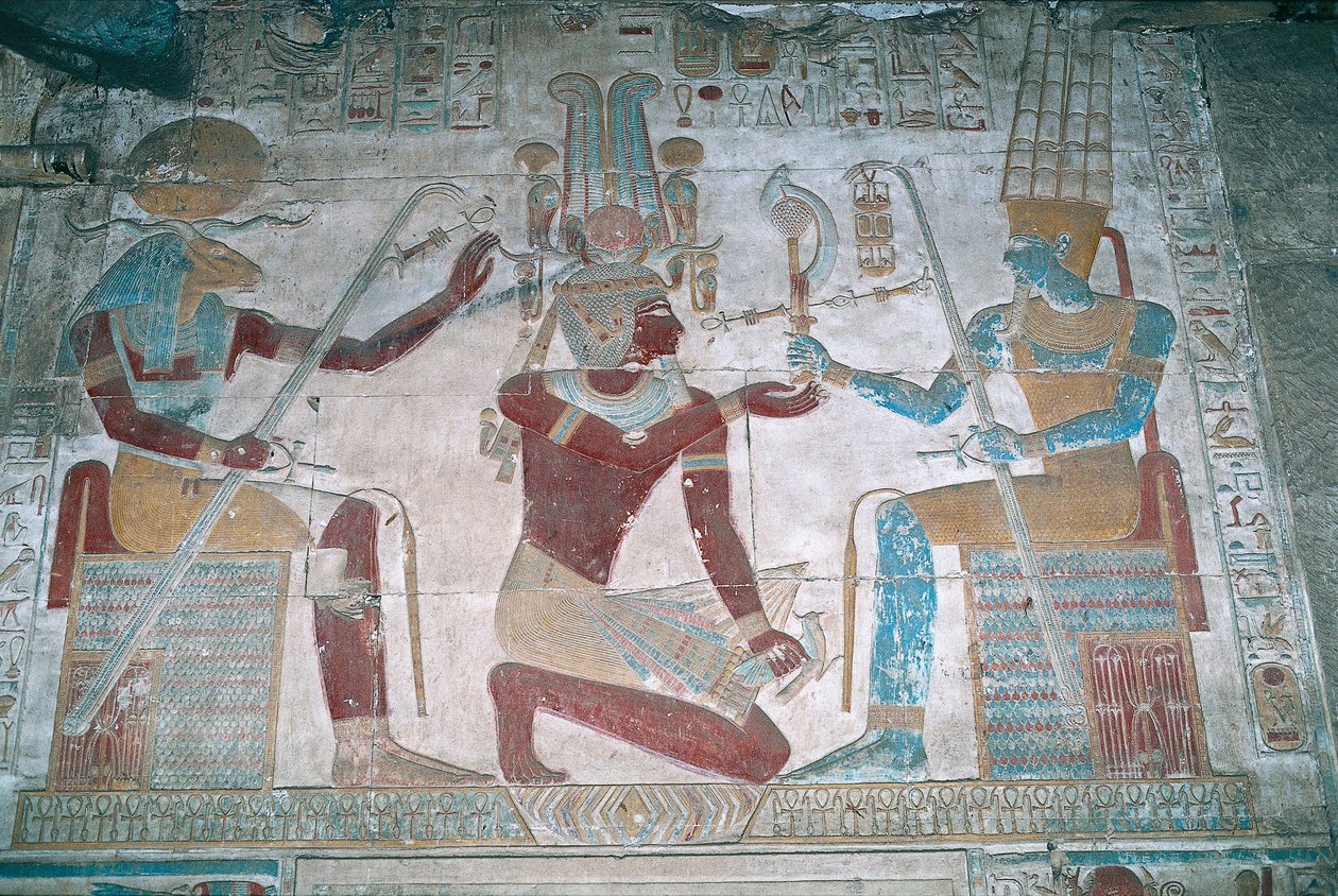 Egypt, Abydos, Temple of pharaoh Seti I, Osiris chapel, painted relief by Egyptian 19th Dynasty