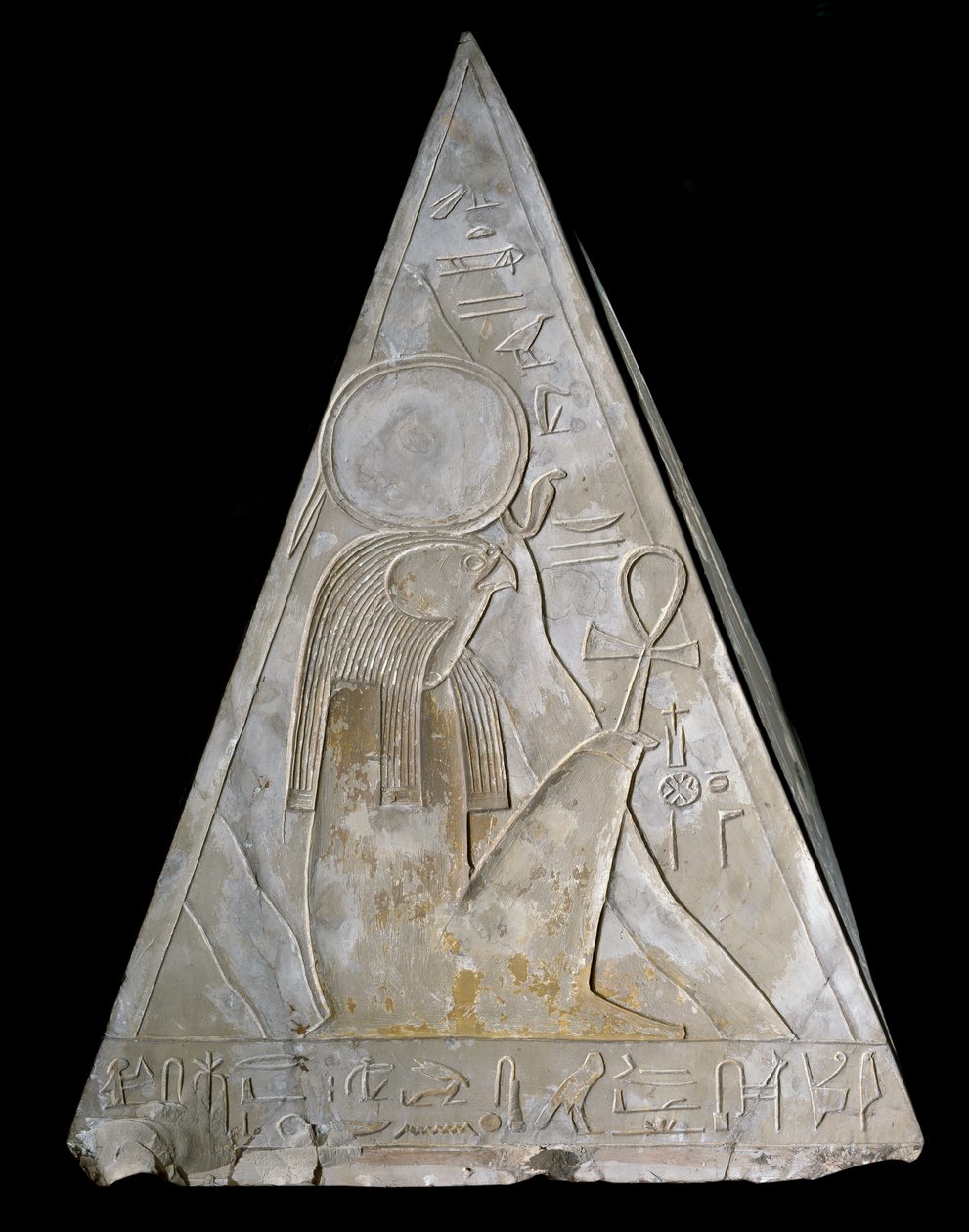 Egyptian antiquity: pyramid tip of the chapel of Ramose decorated with the representation of Re-Atum, deity of the setting sun. 19th dynasty (1295-1190 BC) Deir el Medineh. Turin Egyptian Museum by Egyptian 19th Dynasty