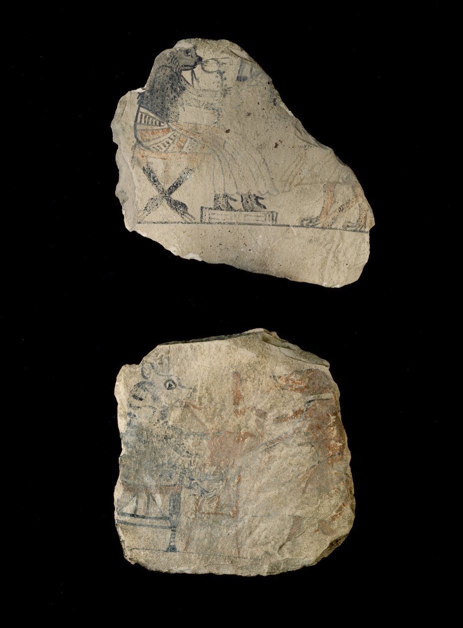Limestone Ostraca with Humorous Sketches in Red and Black Ink by Egyptian 19th Dynasty
