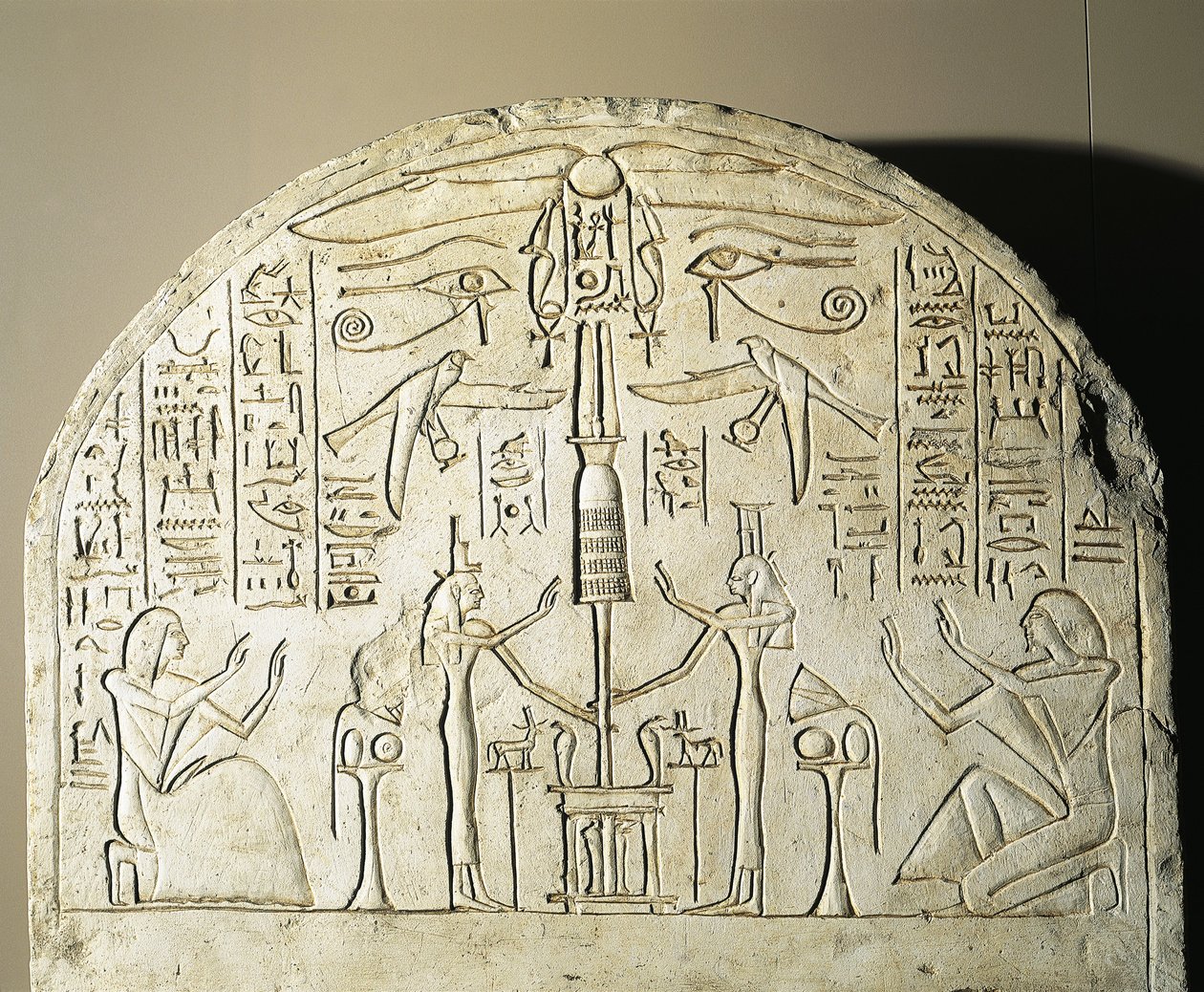 Limestone Stele of Perinefer, with Isis and Neftis Worshiping Fetish Representing Osiris, from Abydos, Reign of Ramses II by Egyptian 19th Dynasty