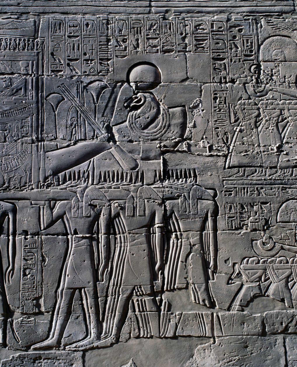 Ramesses II in front of sacred boat, relief, interior walls of Great Hypostyle Hall, Karnak temple complex by Egyptian 19th Dynasty