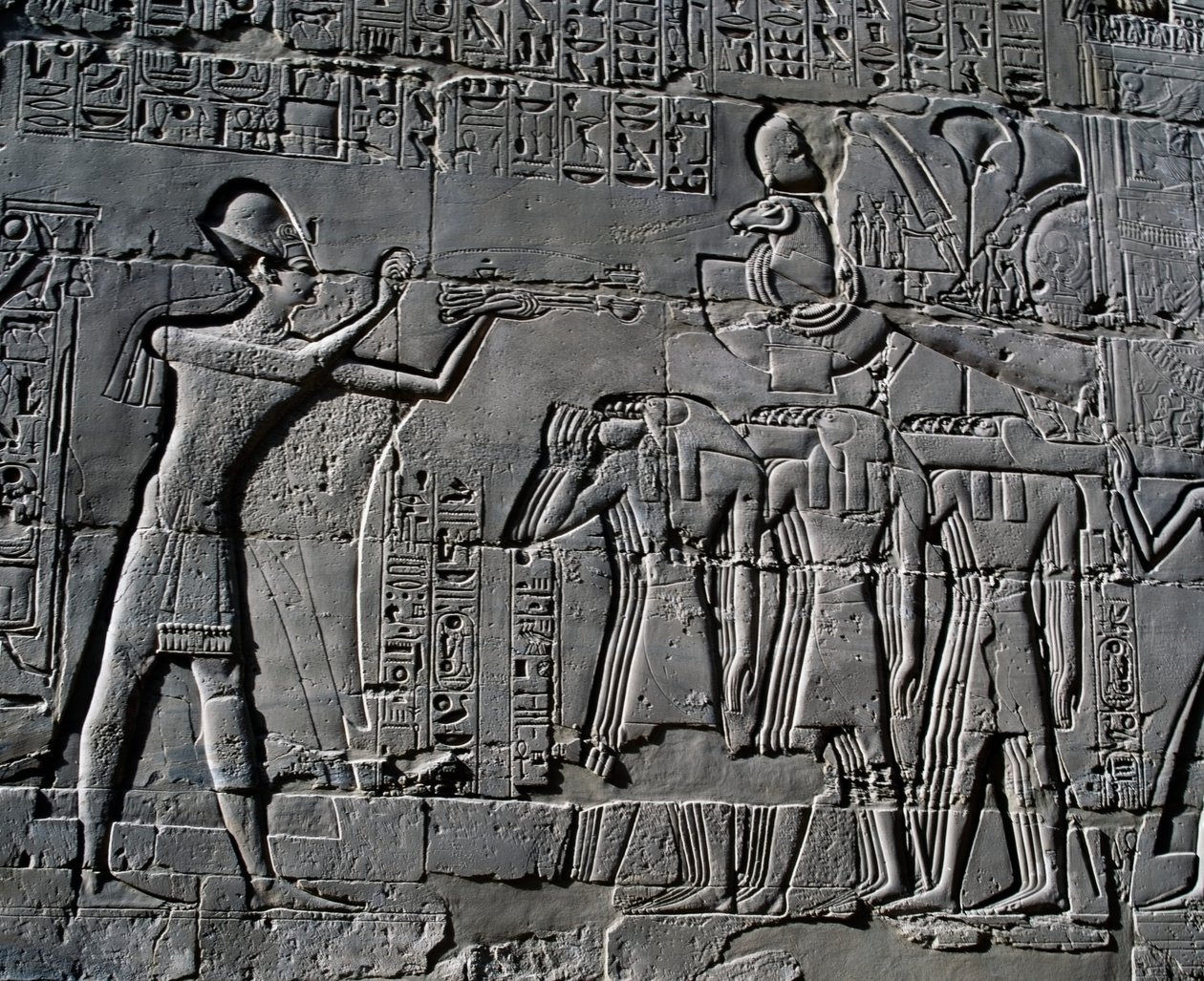 Ramesses II making sacrifices in front of sacred boat, relief, interior walls of Great Hypostyle Hall, Karnak temple complex by Egyptian 19th Dynasty