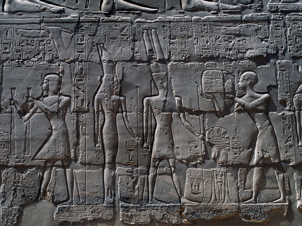 Scenes of Offerings to Gods, Relief, Interior Walls of Great Hypostyle Hall, Karnak Temple Complex by Egyptian 19th Dynasty