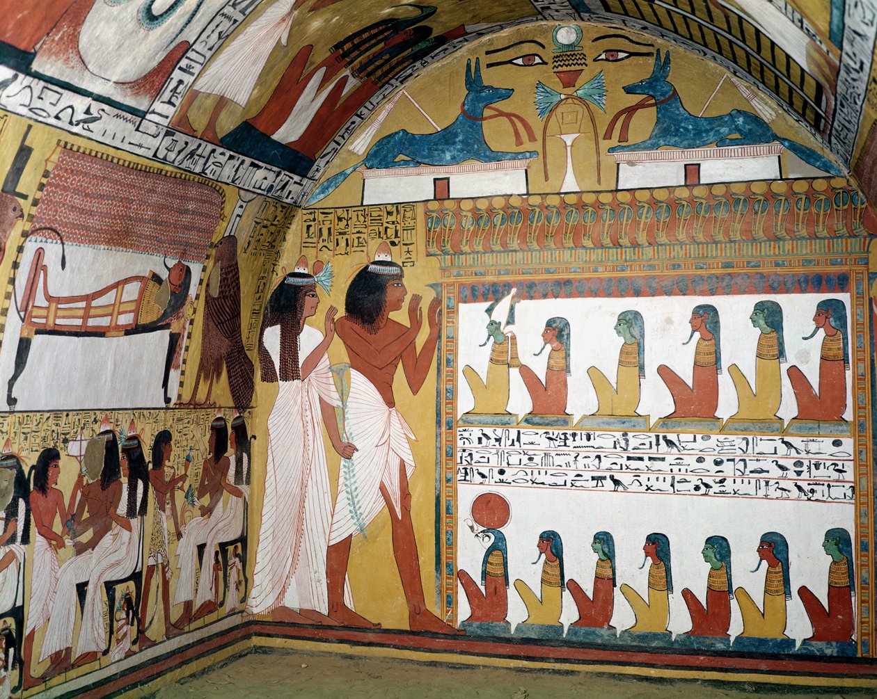 Sennedjem and his wife facing a naos containing twelve divinities, from the west wall of the Tomb of Sennedjem, The Workers