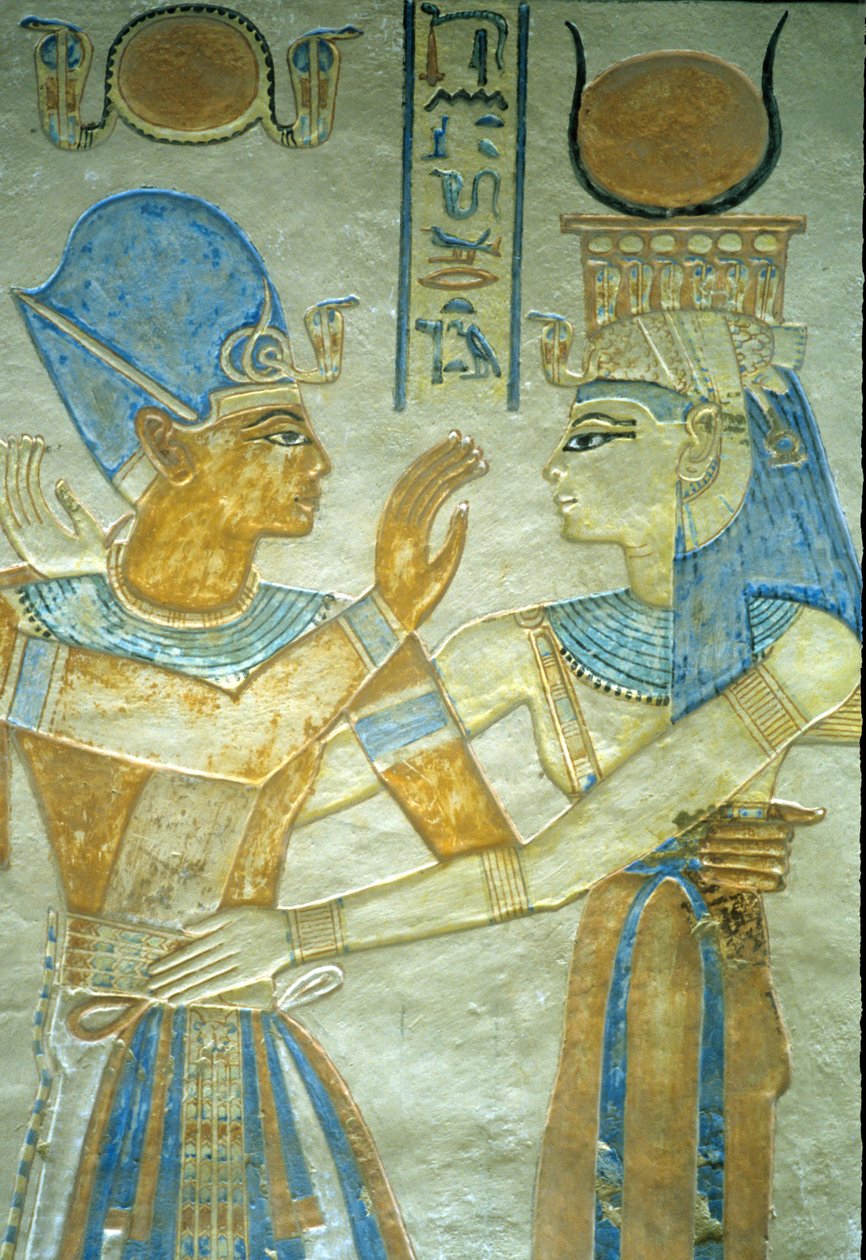 Rameses III embraces Isis, Amon hir Khopshef tomb by Egyptian 20th Dynasty