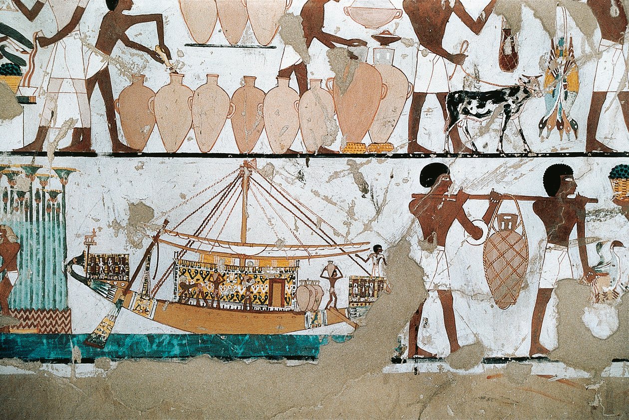 Mural Painting Depicting Scene of Carriage of Wine on Boat, from New Kingdom by Egyptian 20th Dynasty