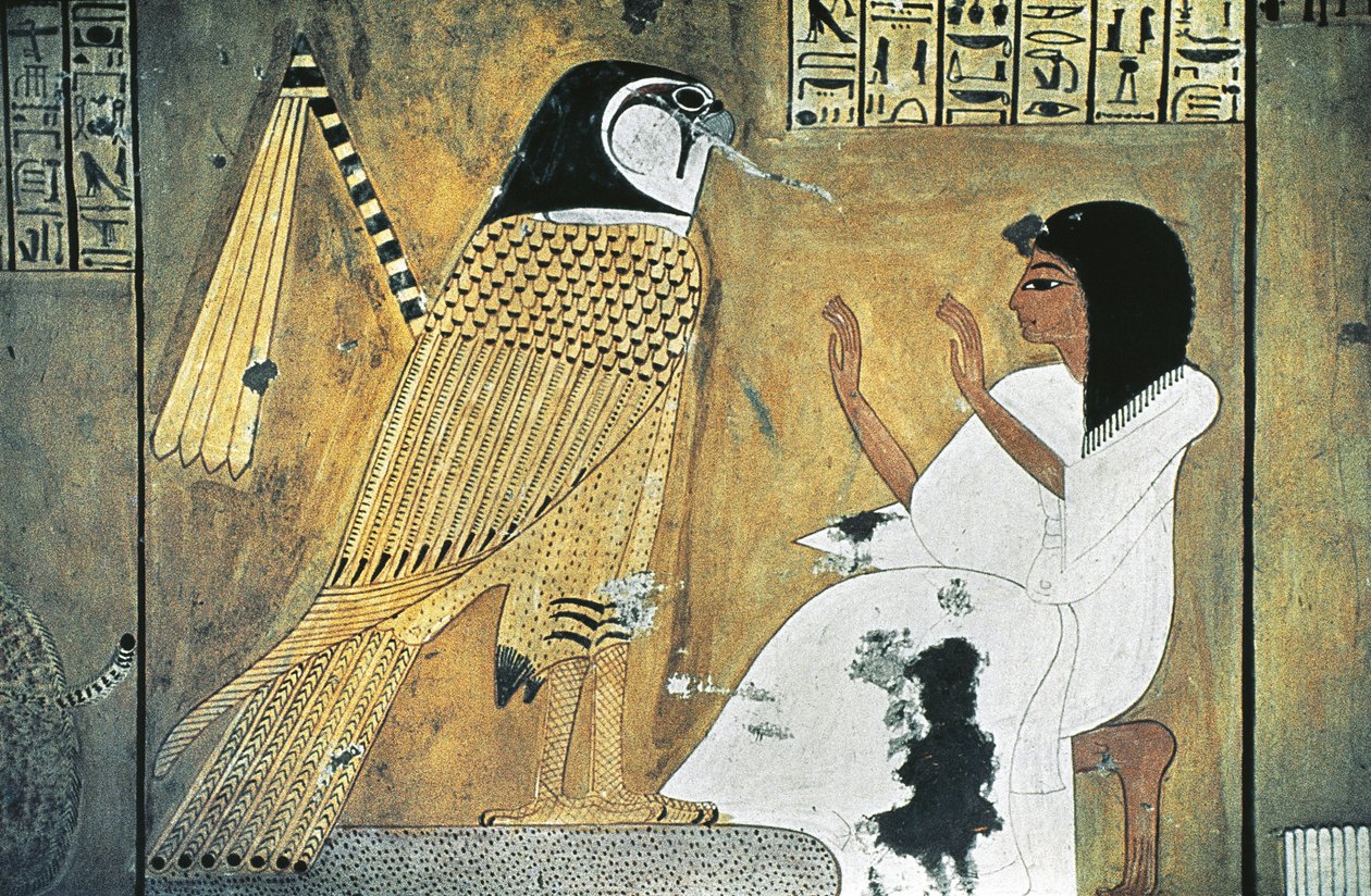 Mural painting of scene from Book of the Dead, transformation into Golden Falcon by Egyptian 20th Dynasty
