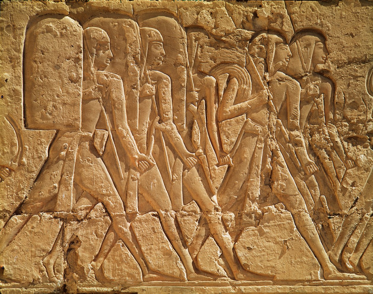 Relief Depicting Servants Carrying Rope and Weapons, from the Mortuary Temple of Ramesses III, New Kingdom by Egyptian 20th Dynasty
