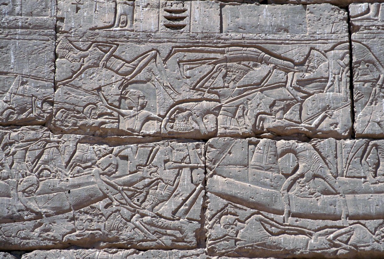 The Sea People, Naval Battle of Ramses III, Medinet Habu, 1195-64 BC stone by Egyptian 20th Dynasty