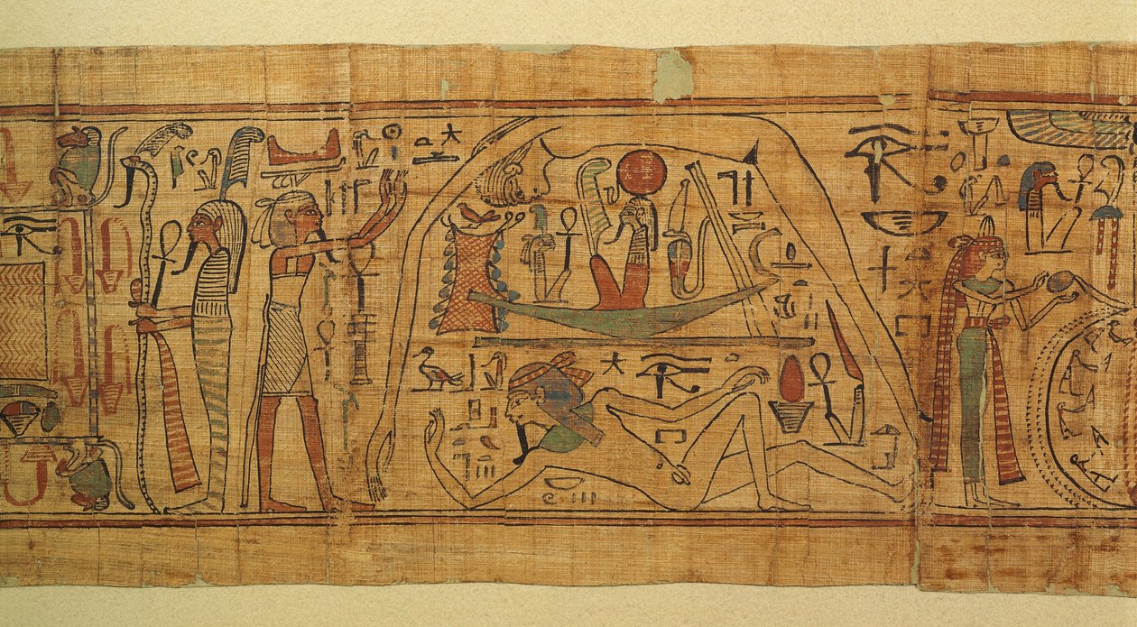 Book of mythological images of Nespakachuty, the separation of heaven and earth with the solar boat by Egyptian 21st Dynasty