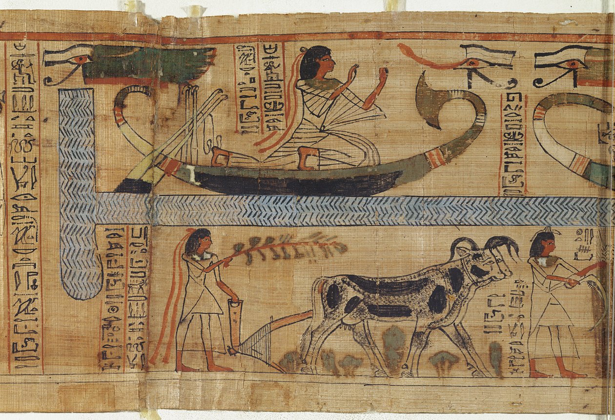 Detail from the Book of the Dead of the priest Aha-Mer depicting a barque and a farming scene, Third Intermediate Period by Egyptian 21st Dynasty