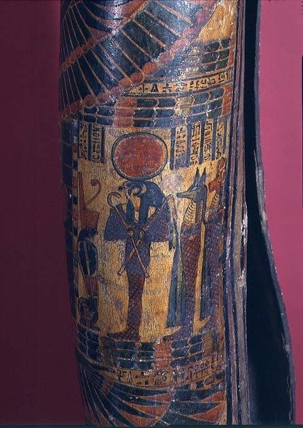 Detail of Sarcophagus Showing Re-Harakhty with Solar Disc, Holding Crook and Flail Sceptres, Two Sons of Horus Standing Behind, Third Intermediate Period, 850-730 BC (detail) by Egyptian 22nd Dynasty
