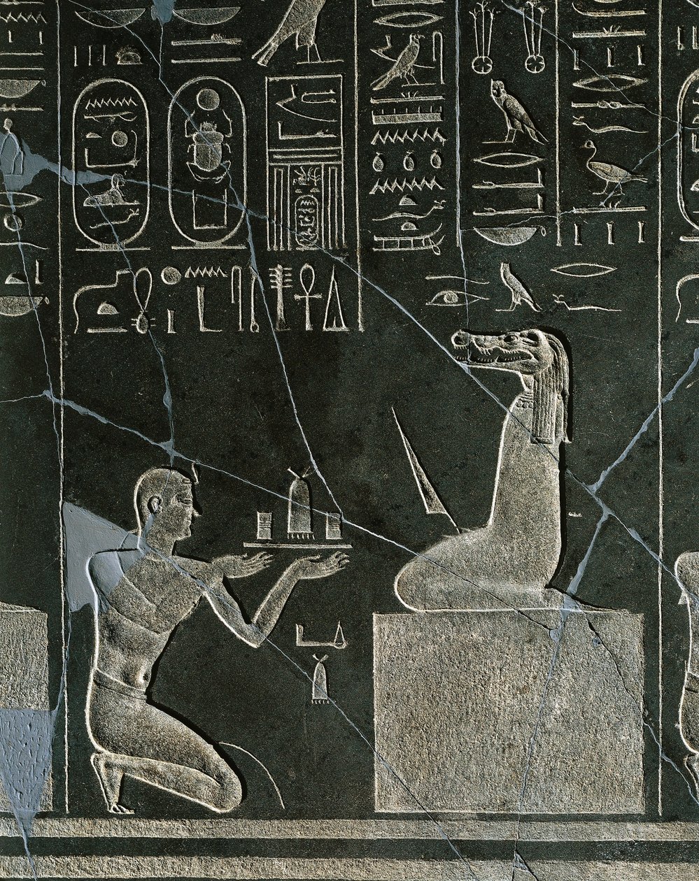 Dolerite Relief of Nectanebo I, King Offering Gift to Crocodile-headed Demon, from Heliopolis at Temple of Atum by Egyptian 30th Dynasty
