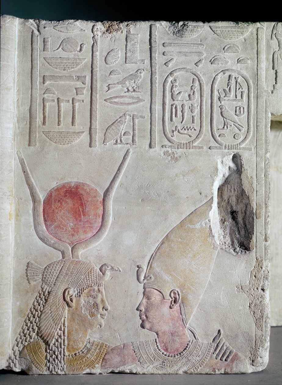 Nectanebo II being embraced by the goddess Isis, fragment from a door, Late Period, c.358-341 BC by Egyptian 30th Dynasty