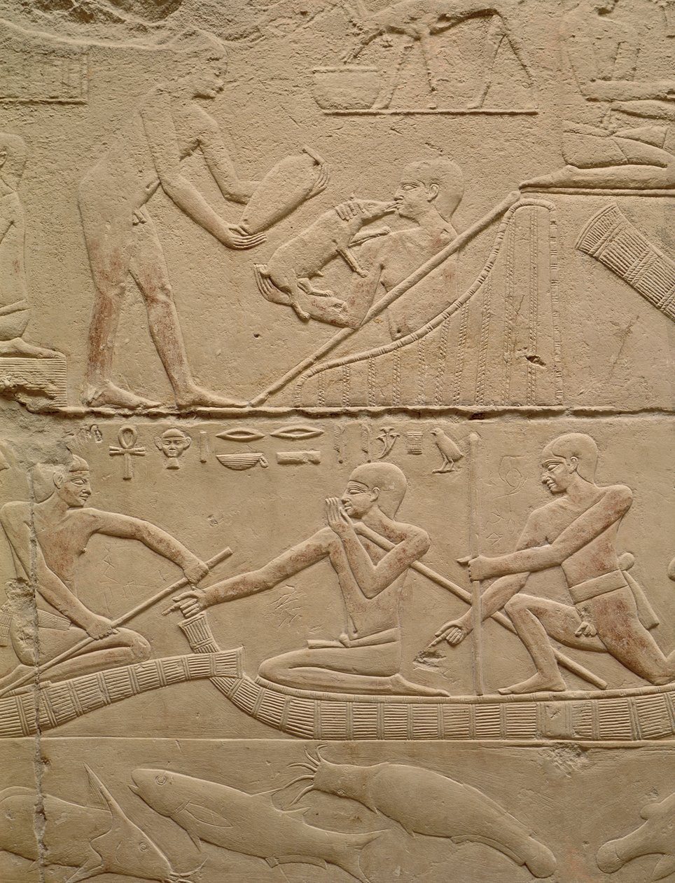 Relief depicting a man tending a new-born piglet and men in papyrus boats, from the Mastaba of Kagemni, Old Kingdom by Egyptian 6th Dynasty