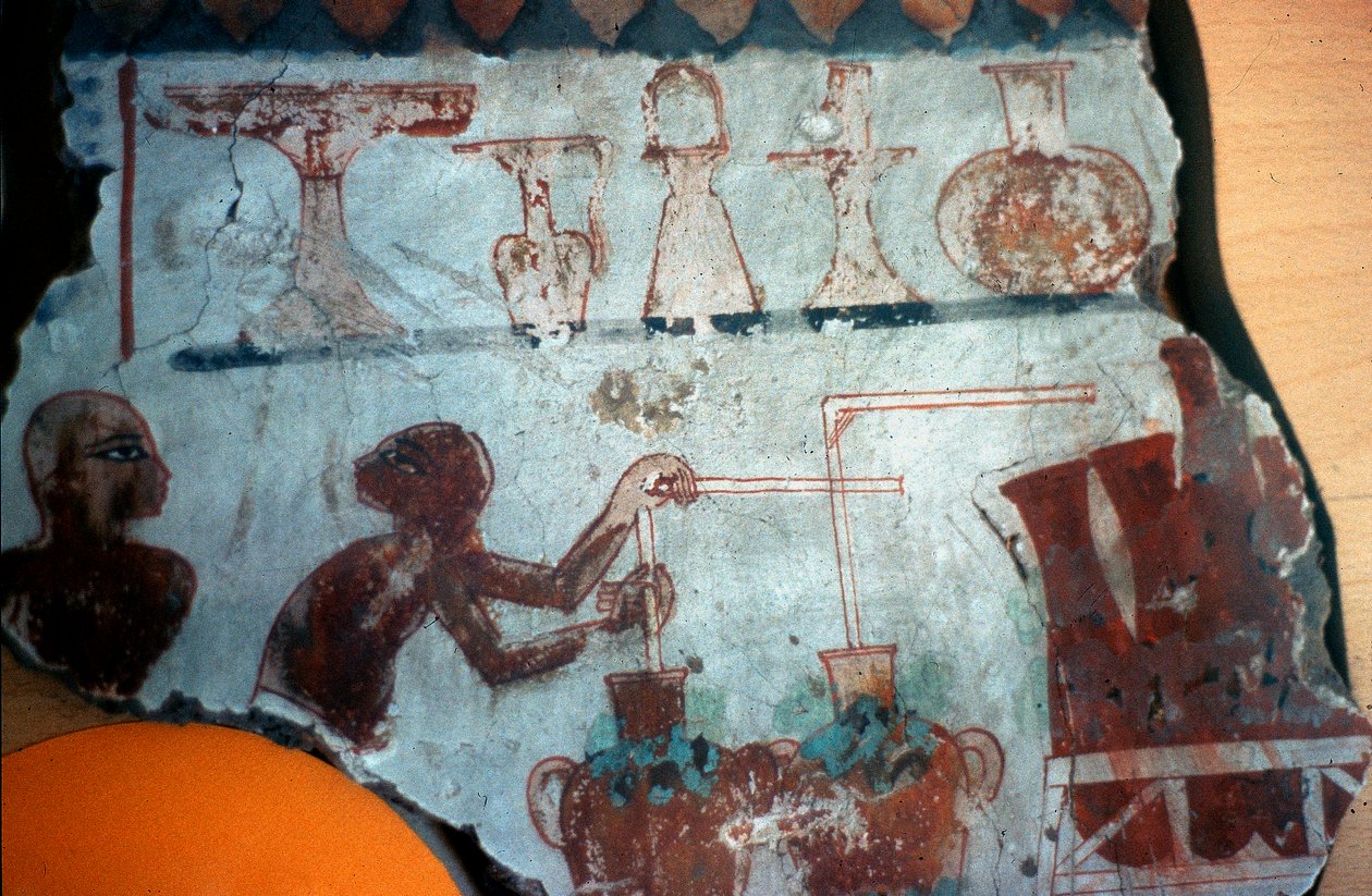 Fragment of a wall painting originally from Thebes, depicting two male figures in the act of preparing or bottling food products in liquid form, 1540-1479 BC by Egyptian Egyptian