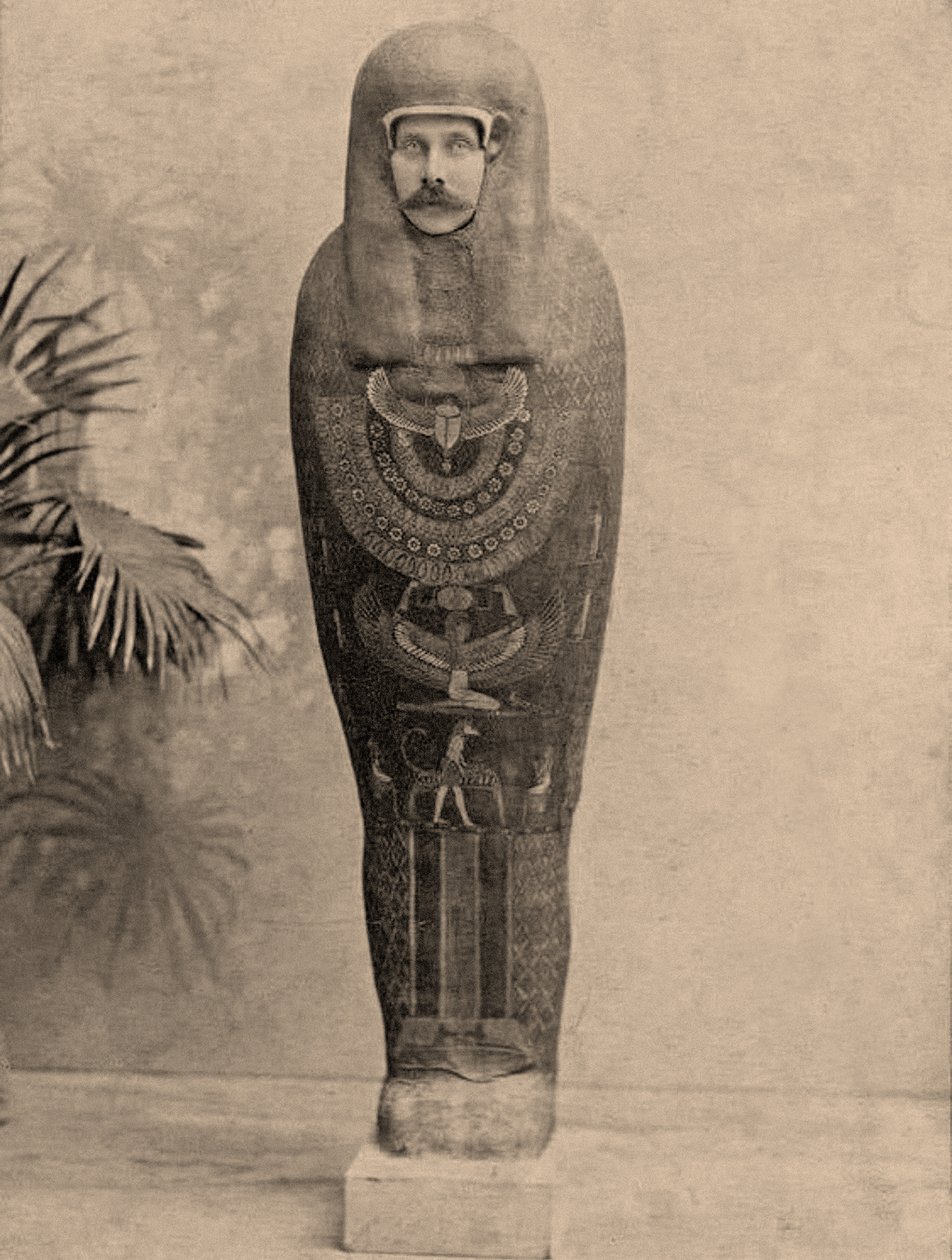 Archduke Franz Ferdinand of Austria posing as a mummy while in Cairo by Egyptian Photographer