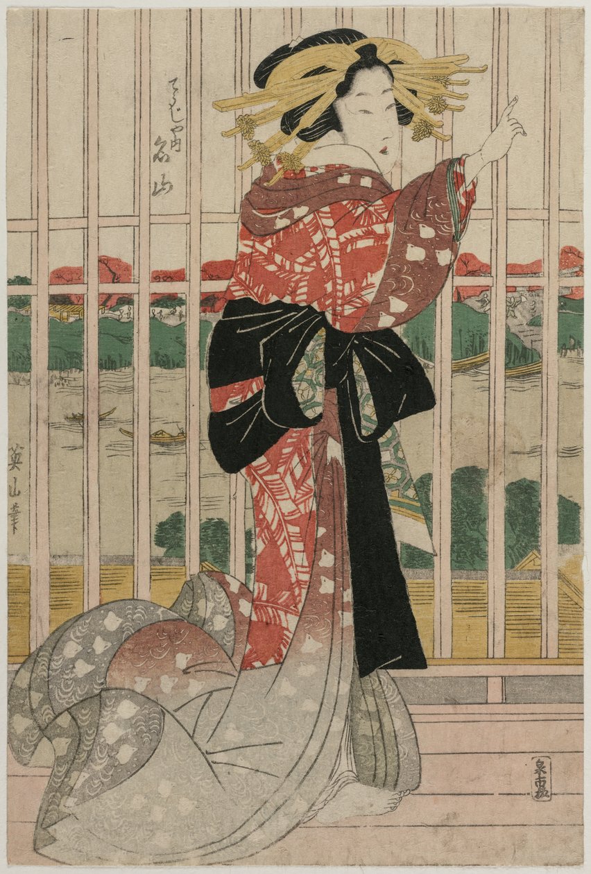 The Courtesan Meizan of the Chojiya on a Balcony Overlooking the Sumida River by Kikugawa Eizan