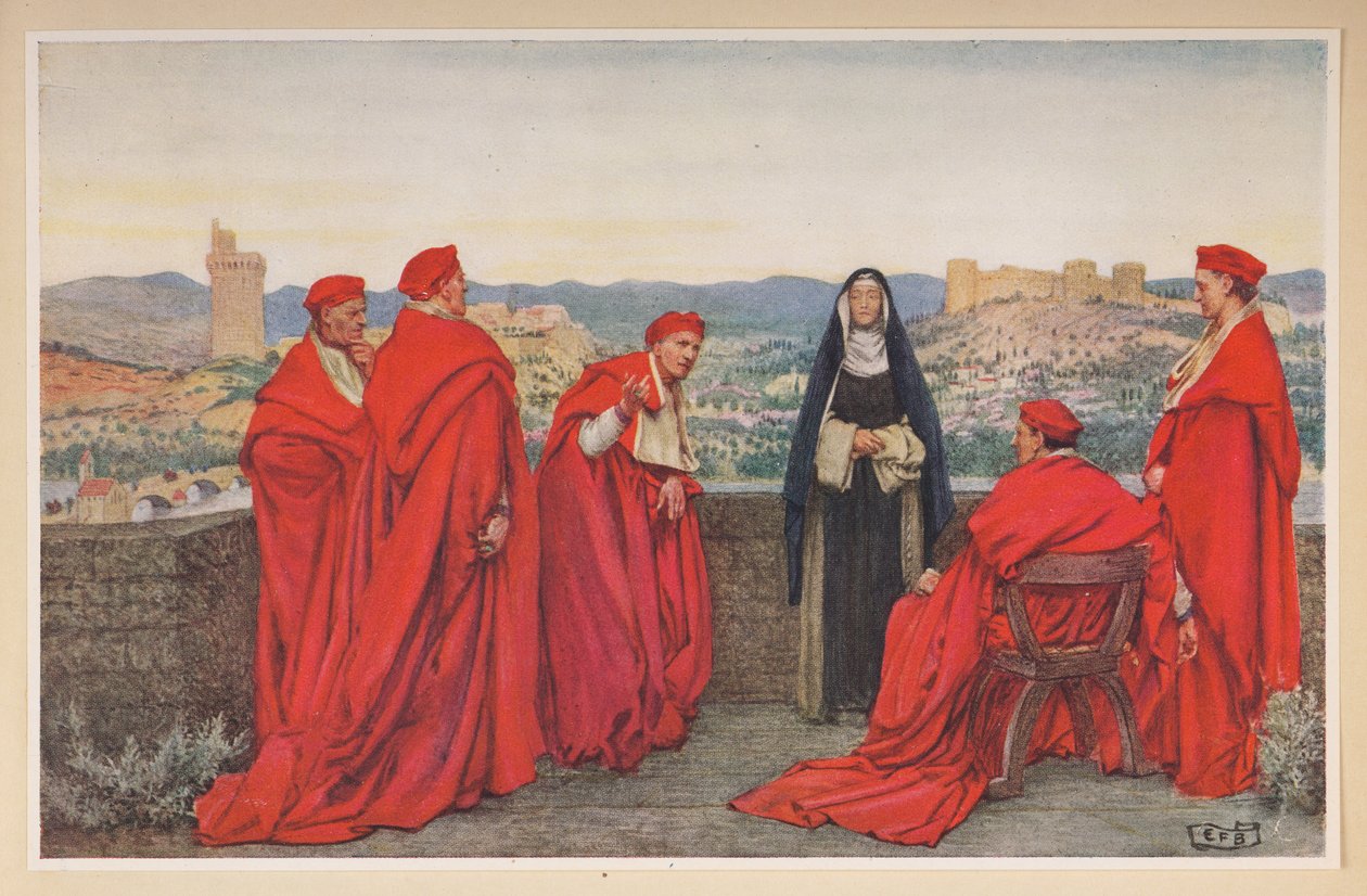 St. Catherine of Siena negotiating with Pope Gregory XI on behalf of the Florentines. by Eleanor Fortescue Brickdale