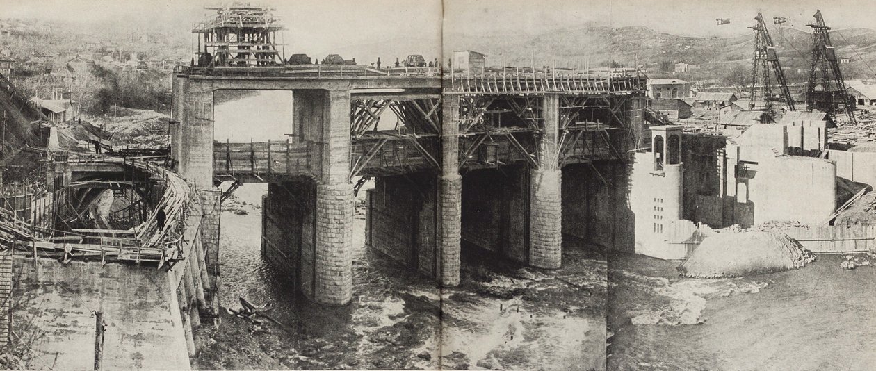 Rioni Hydroelectric Power Plant. Illustration from USSR Builds Socialism by Eliezer Markowich Lissitzky