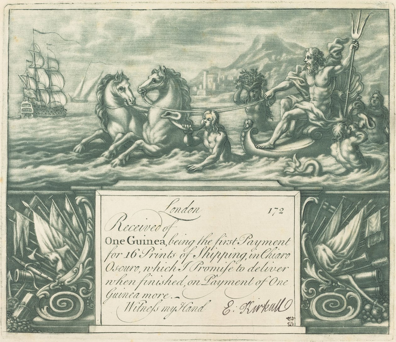 Subscription Receipt (Neptune and Juno) by Elisha Kirkall, after George Vertue, after Louis Chéron