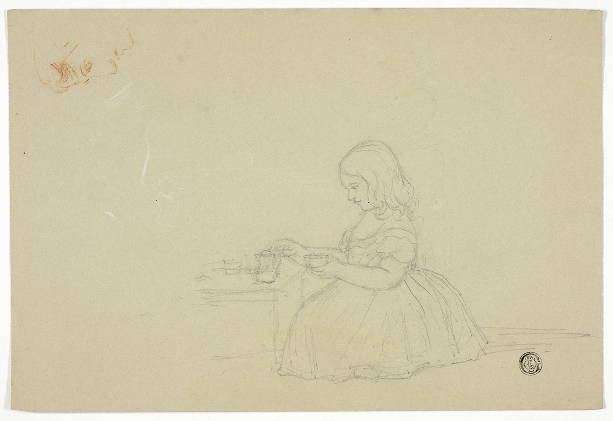 Young Girl Pouring Tea and Profile Sketch (recto), and Sketch of Italian City Street (verso) by Elizabeth Murray