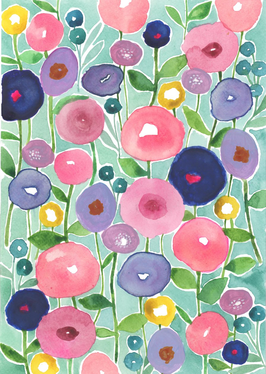 Poppies in Bloom on Aqua Background, 2018 by Elizabeth Rider