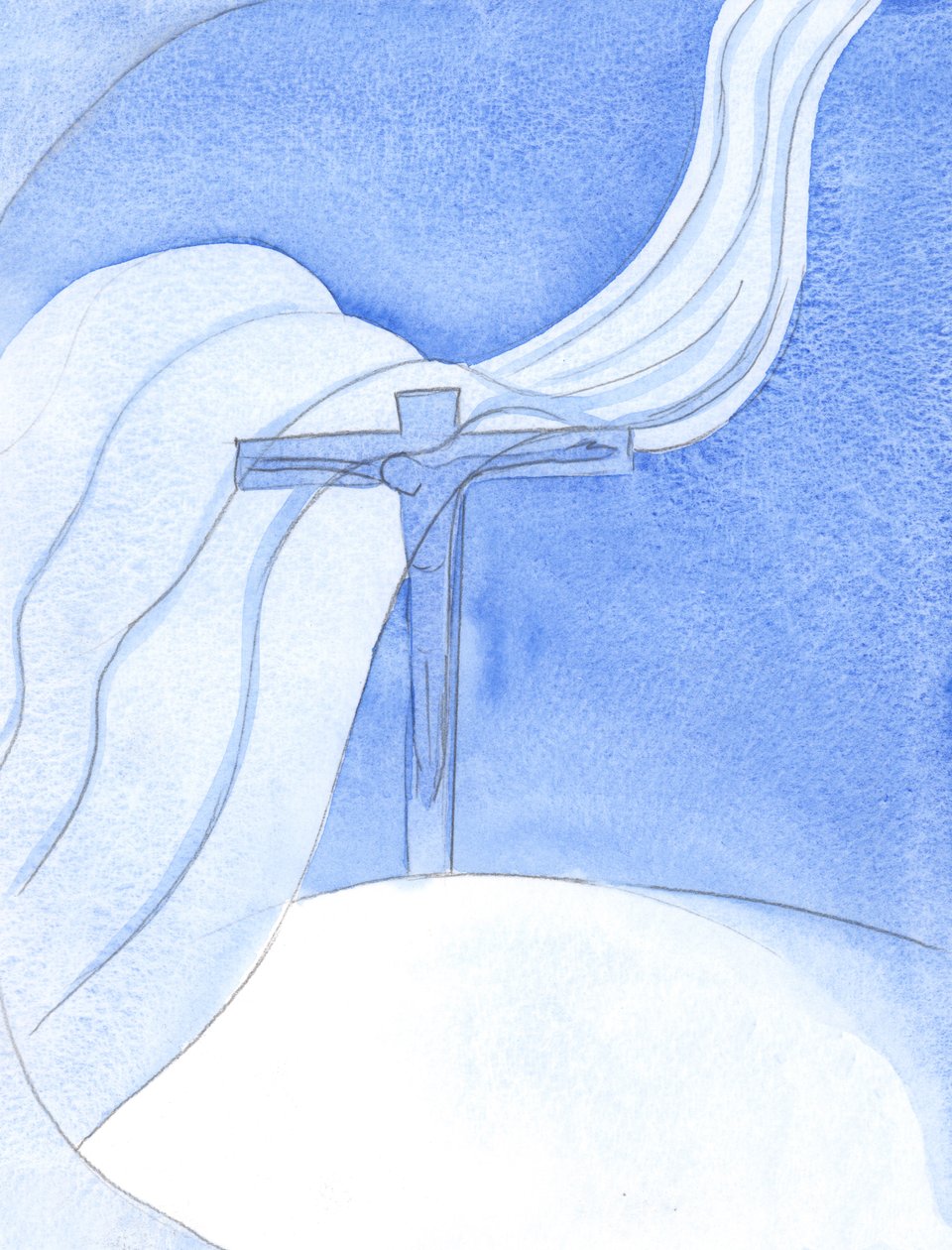 As Christ pours out His Blood in a New Covenant, a great malevolent wind sweeps over the Cross, threatening and destroying by Elizabeth Wang