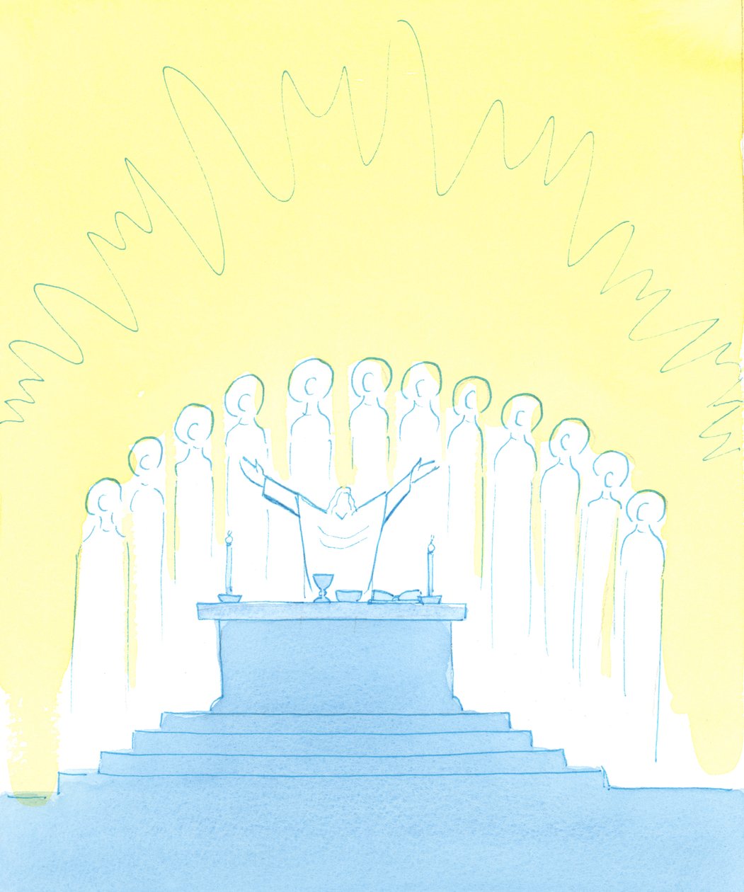 As we praise God at Mass, with and through Christ, we praise Him with the whole Church, which includes the Saints of Heaven - here encircling the altar - and the Holy Souls by Elizabeth Wang