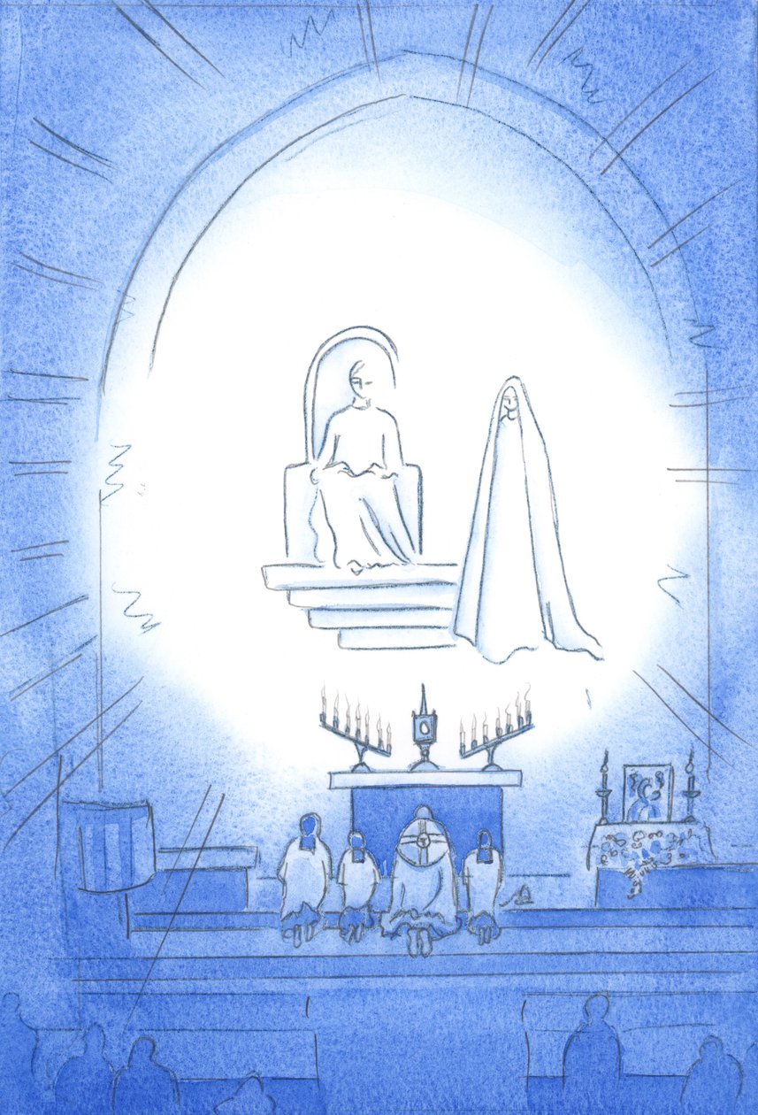 Christ is enthroned above us, in glory, at our Novena and Benediction, which is like a heavenly party. Our mother Mary stands joyfully close by by Elizabeth Wang