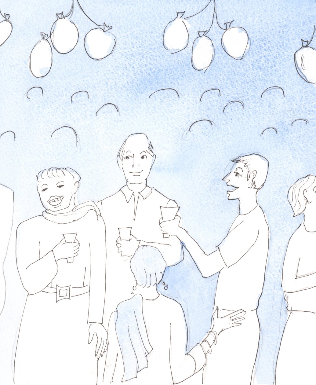 Christ looks on with joy when we celebrate life or good news by sharing food and drink with friends, at a party, in genuine mutual delight, with a desire to give joy and to comfort tired hearts by Elizabeth Wang