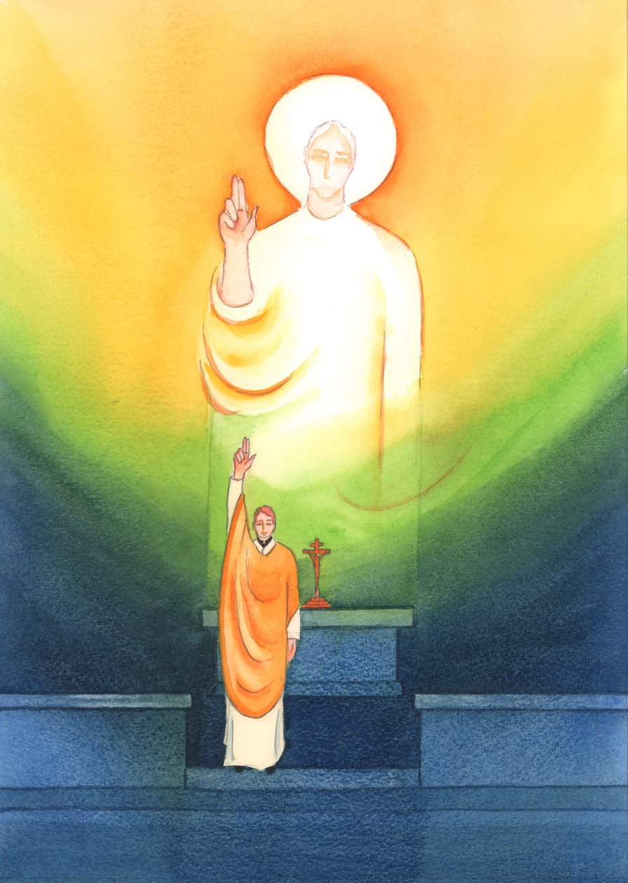 Christ speaks and acts through His priests, who bless and forgive 