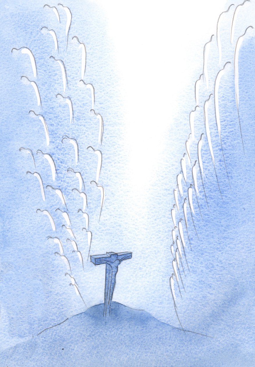 How the Angels, thousands of them, shuddered in horror as the very Son of God died on Calvary, in His surrender and infinite praise of the Father. by Elizabeth Wang