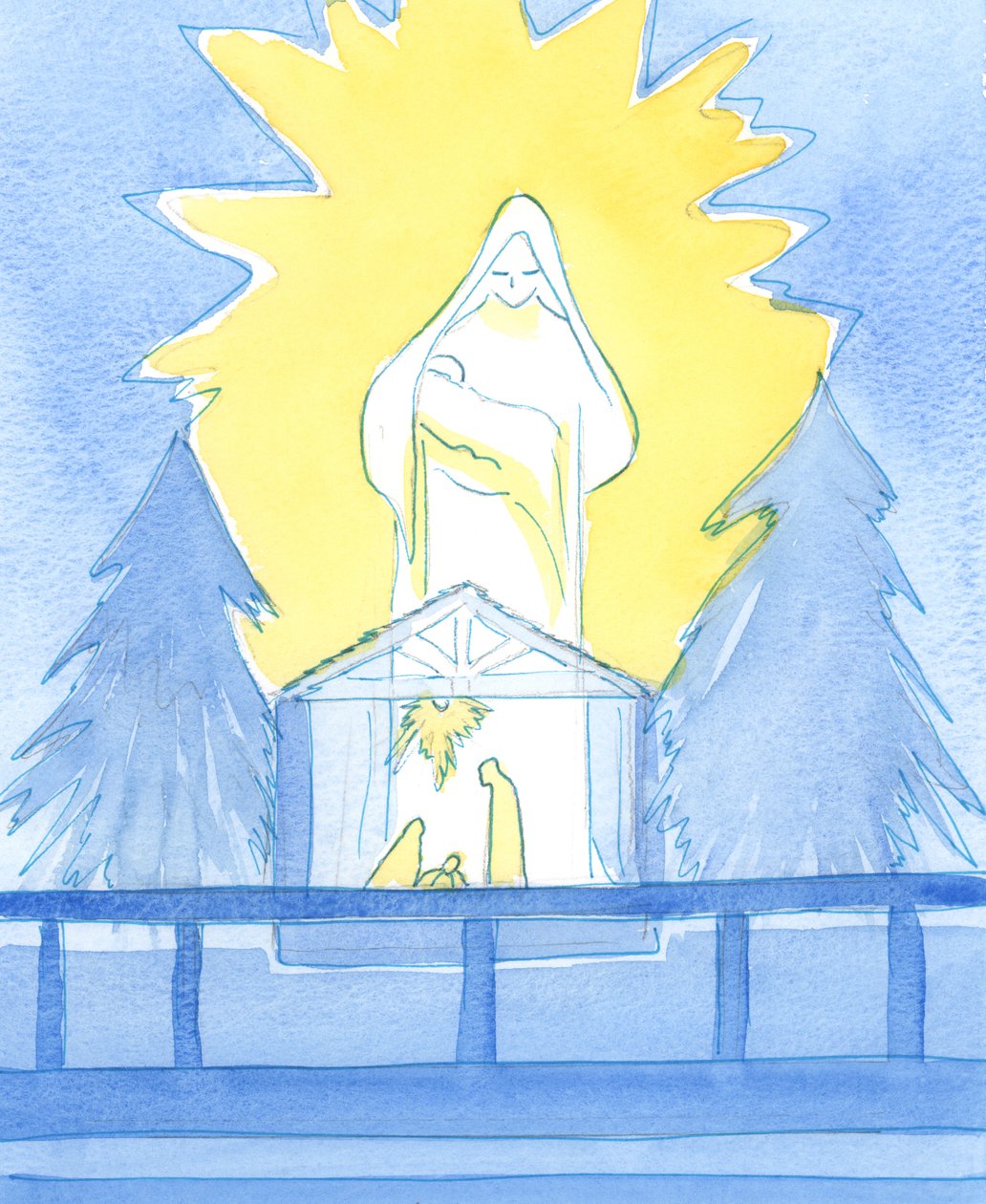 Our Blessed Lady stood in the Lady Chapel, in glory, showing how she shares our joy on the feast of the Birth of her son, Our Lord by Elizabeth Wang