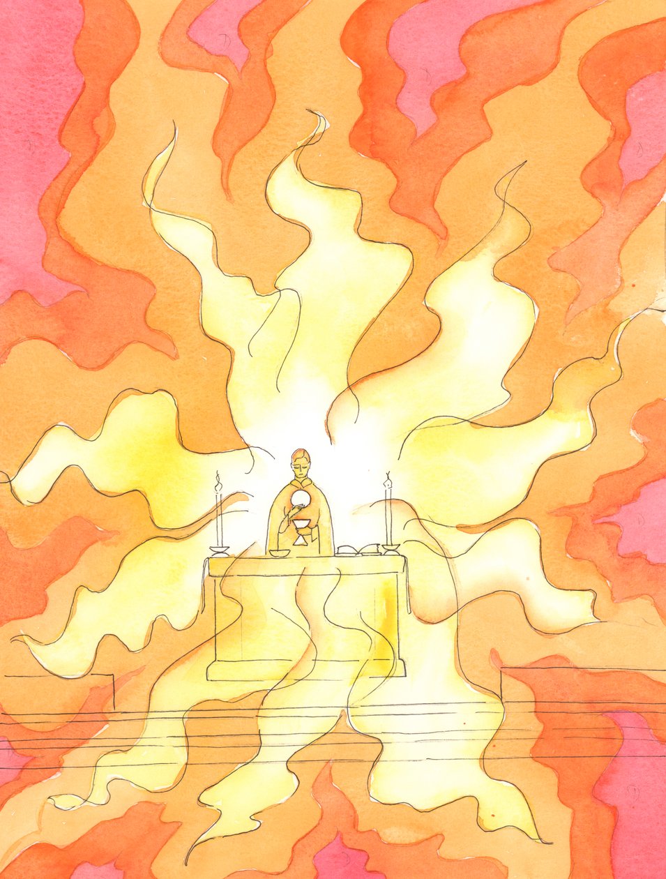 When the bread and wine have been changed into the Sacred Body and Blood of Christ, He, the Lamb of God, our Saviour, is substantially Present: the Risen Christ, in the fire of His Divine Glory by Elizabeth Wang