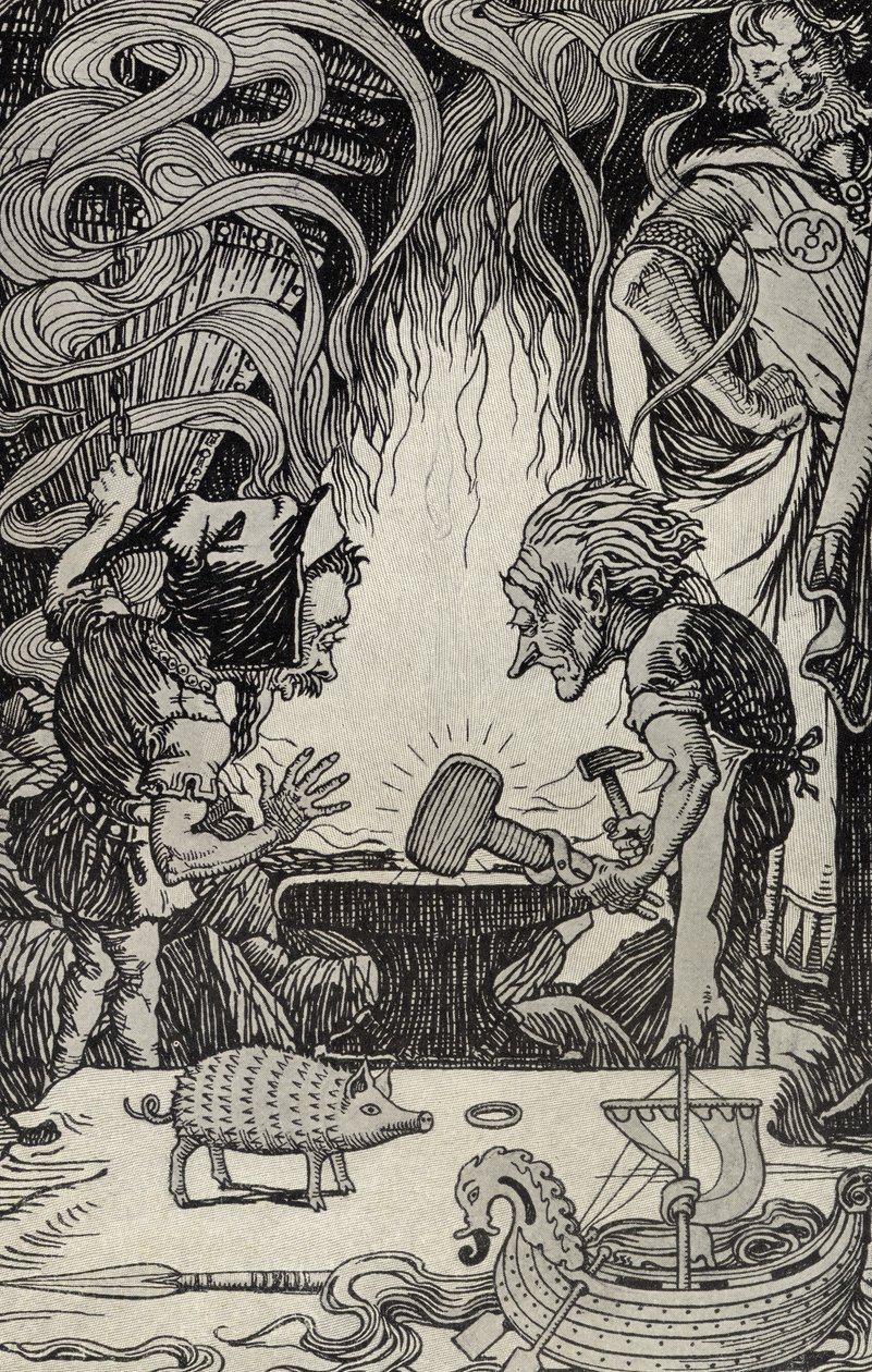 The Third Gift an Enormous Hammer (illustration from Myths from Many Lands, published 1912) by Elmer Boyd Smith