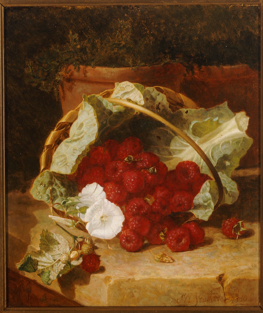 Raspberries in a Cabbage Leaf Lined Basket with White Convulvulus on a Stone Ledge by Eloise Harriet Stannard