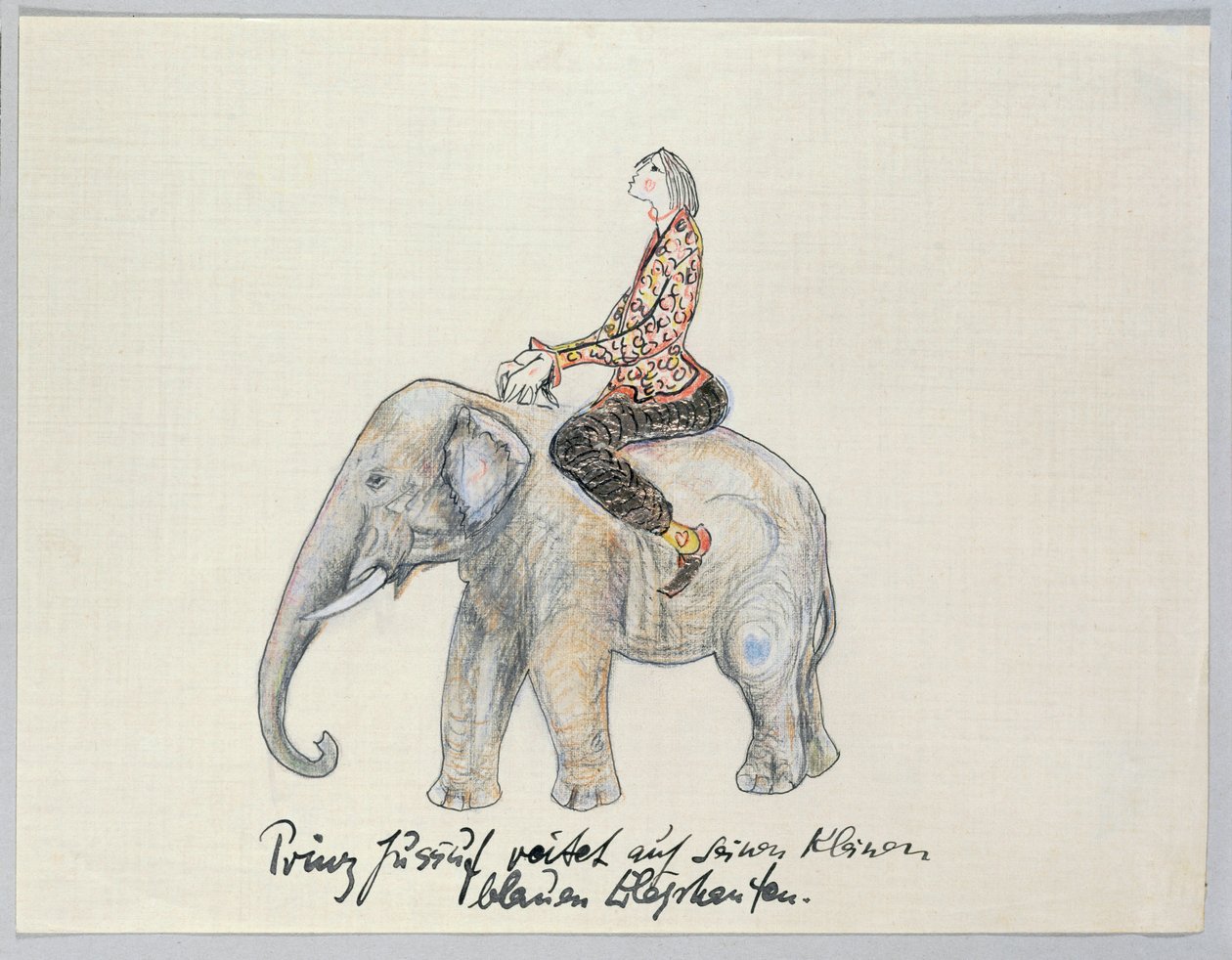 Prince Yussuf rides on his little blue elephant by Else Lasker Schüler