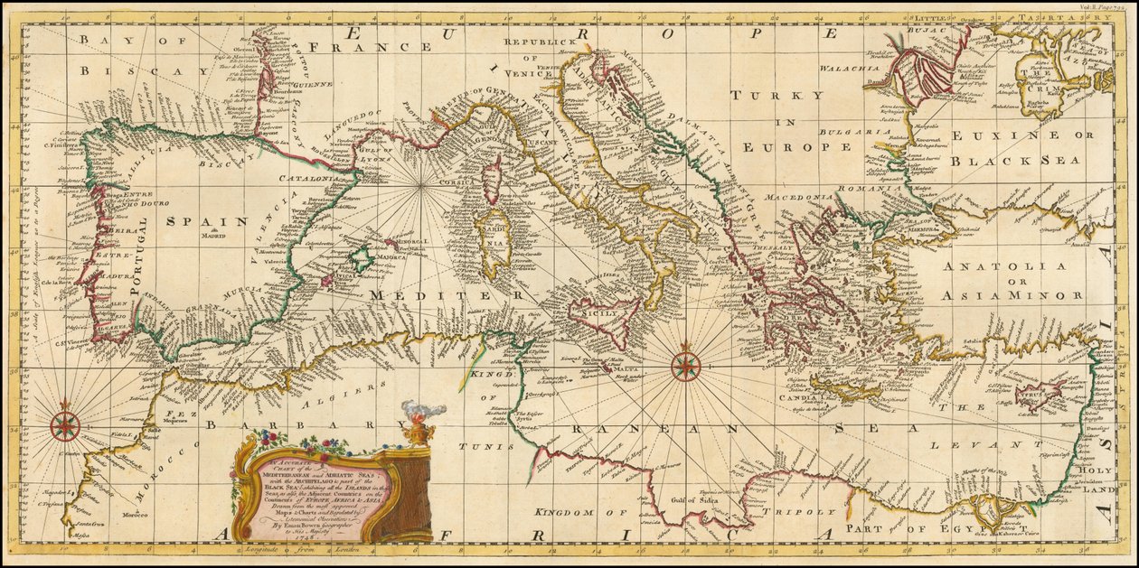 1748 map - An Accurate Chart of the Mediterranean and Adriatic Seas; with the Archipelago & Part of the Black Sea by Emanuel Bowen